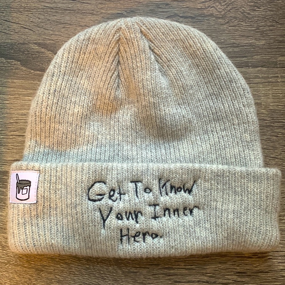 Neutral Knit Beanie with Embroidered Message - Get To Know Your Inner Hero